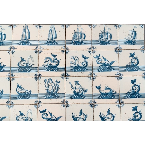 617 - A field of 30 Dutch Delft blue and white tiles with sea creatures and ships, 18th C.Dim.: 13 x 13 cm... 