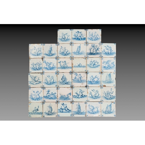 618 - 33 blue and white Dutch Delft tiles with sea creatures and ships, mostly Ghent, 17/18th C.Dim.: ca. ... 