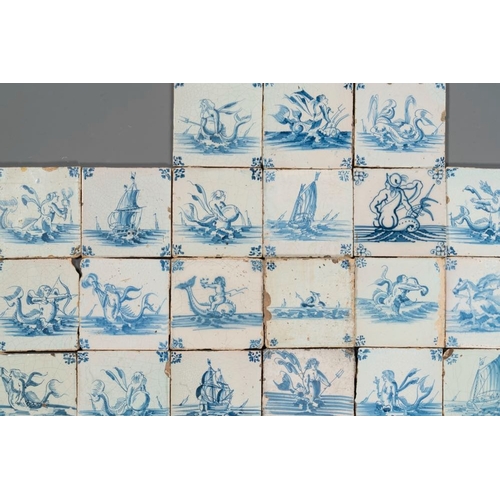 618 - 33 blue and white Dutch Delft tiles with sea creatures and ships, mostly Ghent, 17/18th C.Dim.: ca. ... 