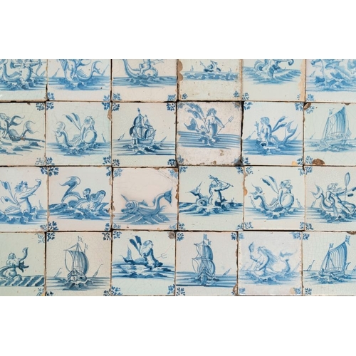 618 - 33 blue and white Dutch Delft tiles with sea creatures and ships, mostly Ghent, 17/18th C.Dim.: ca. ... 