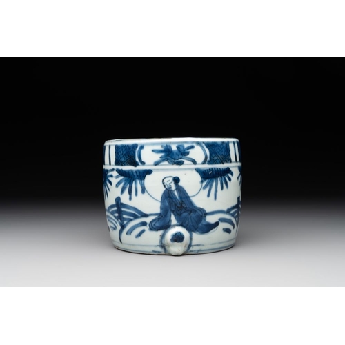 63 - A Chinese blue and white 'kraak' porcelain censer with figures in a landscape, WanliDia.: 12,5 cm - ... 