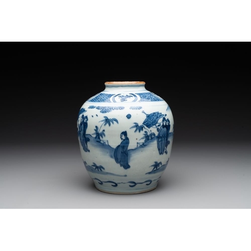 64 - A Chinese blue and white globular vase with figures in a landscape, hare mark, WanliH.: 19,5 cm... 