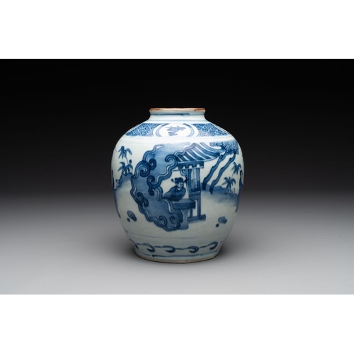 64 - A Chinese blue and white globular vase with figures in a landscape, hare mark, WanliH.: 19,5 cm... 