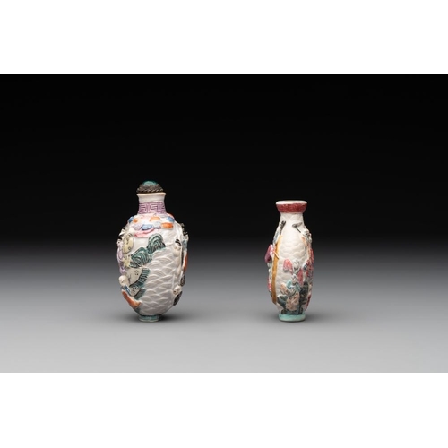 656 - Two Chinese famille rose molded snuff bottles with figural design, Qianlong mark, 19th C.H.: 8 cm (t... 