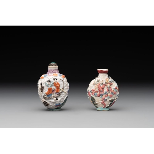 656 - Two Chinese famille rose molded snuff bottles with figural design, Qianlong mark, 19th C.H.: 8 cm (t... 