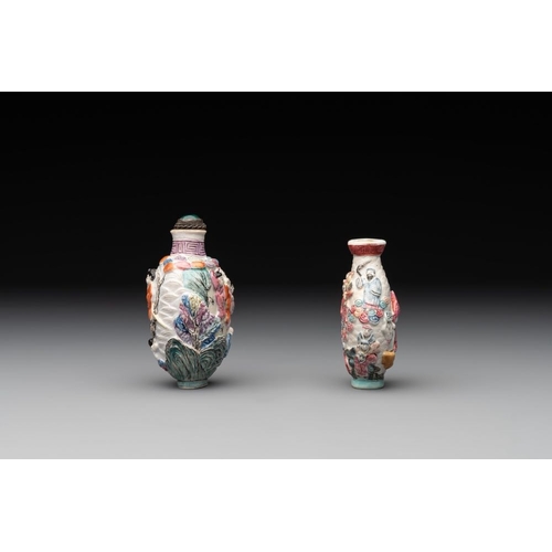 656 - Two Chinese famille rose molded snuff bottles with figural design, Qianlong mark, 19th C.H.: 8 cm (t... 