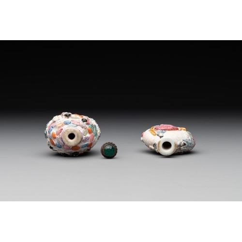 656 - Two Chinese famille rose molded snuff bottles with figural design, Qianlong mark, 19th C.H.: 8 cm (t... 