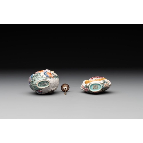 656 - Two Chinese famille rose molded snuff bottles with figural design, Qianlong mark, 19th C.H.: 8 cm (t... 