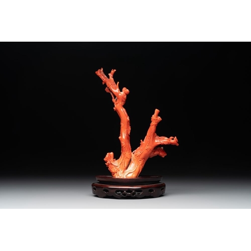 678 - A Chinese carved red coral group with goddesses on wooden stand, 19/20th C.H.: 25 cm (incl. stand)
W... 