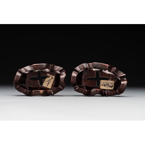 713 - A pair of Chinese cherry amber or faturan recumbent oxen on wooden stands, RepublicDim.: 7 x 3,7 x 6... 