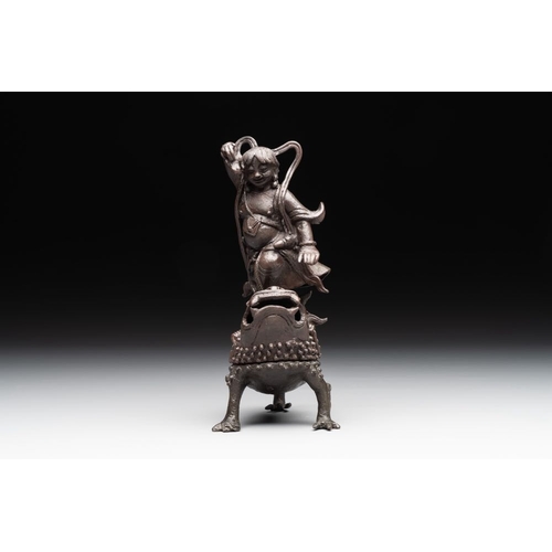 732 - A rare Chinese bronze incense burner and cover in the shape of Liu Hai and a three legged toad, Ming... 