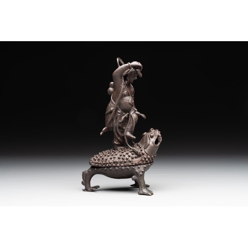 732 - A rare Chinese bronze incense burner and cover in the shape of Liu Hai and a three legged toad, Ming... 