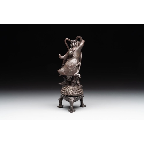 732 - A rare Chinese bronze incense burner and cover in the shape of Liu Hai and a three legged toad, Ming... 