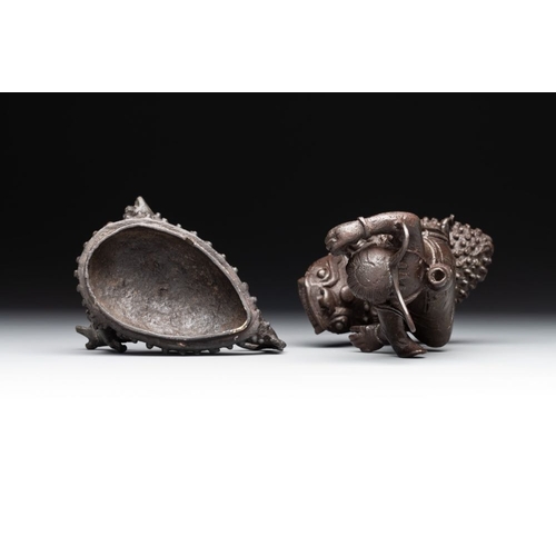 732 - A rare Chinese bronze incense burner and cover in the shape of Liu Hai and a three legged toad, Ming... 