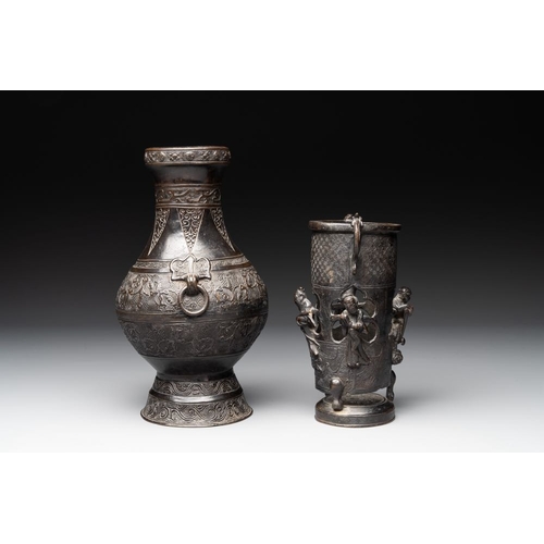 761 - A collection of six Chinese bronze wares, Yuan and laterH.: 25,5 cm(the tallest vase)H.: 14,5 cm(the... 