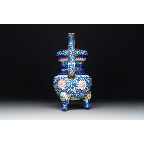 797 - A Chinese blue-ground Canton enamel 'flower scroll' censer, QianlongH.: 29 cm