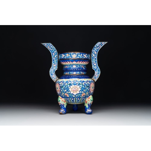 797 - A Chinese blue-ground Canton enamel 'flower scroll' censer, QianlongH.: 29 cm