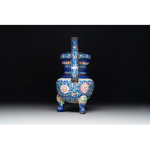 797 - A Chinese blue-ground Canton enamel 'flower scroll' censer, QianlongH.: 29 cm