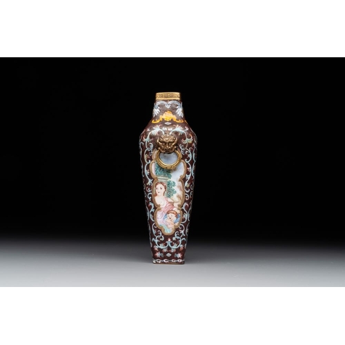 800 - A square Chinese Canton enamel 'European subject' vase, Qianlong mark and probably of the periodH.: ... 