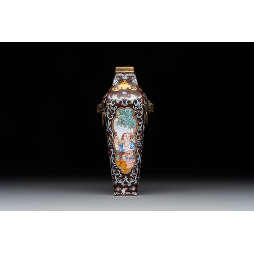 800 - A square Chinese Canton enamel 'European subject' vase, Qianlong mark and probably of the periodH.: ... 