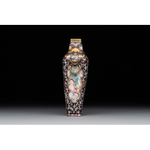 800 - A square Chinese Canton enamel 'European subject' vase, Qianlong mark and probably of the periodH.: ... 