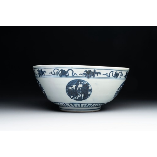 82 - A Chinese blue and white 'crane, deer and hare' bowl, Fu Gui Chang Ming  mark, JiajingDia.: 29 cm - ... 