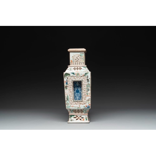 9 - An extremely rare Chinese blue, white and famille verte openworked double-walled vase with figural d... 