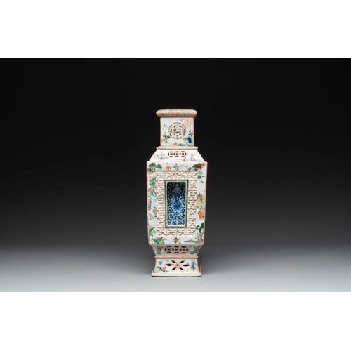 9 - An extremely rare Chinese blue, white and famille verte openworked double-walled vase with figural d... 