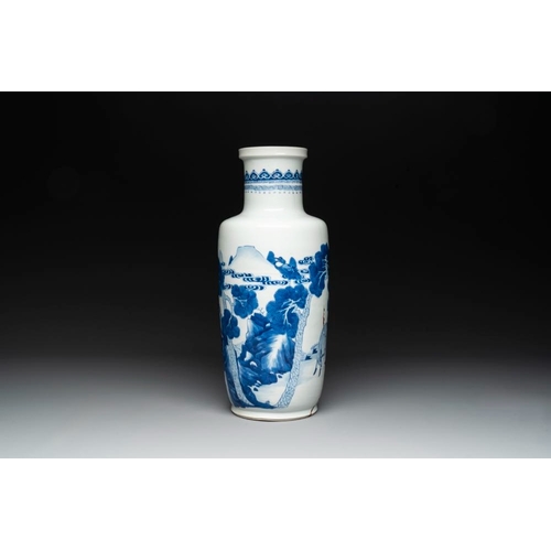 901 - A Chinese blue and white 'deer and crane' rouleau vase, KangxiH.: 45 cm