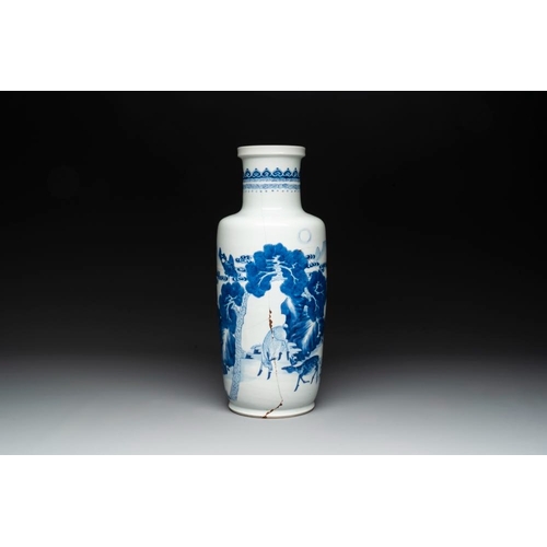 901 - A Chinese blue and white 'deer and crane' rouleau vase, KangxiH.: 45 cm