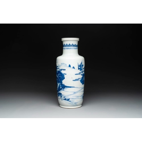 901 - A Chinese blue and white 'deer and crane' rouleau vase, KangxiH.: 45 cm