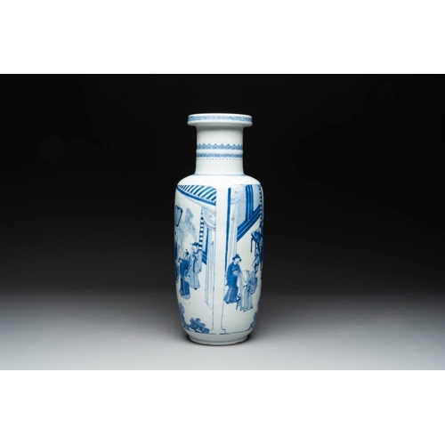 902 - A Chinese blue and white rouleau vase with narrative design, KangxiH.: 46,2 cm