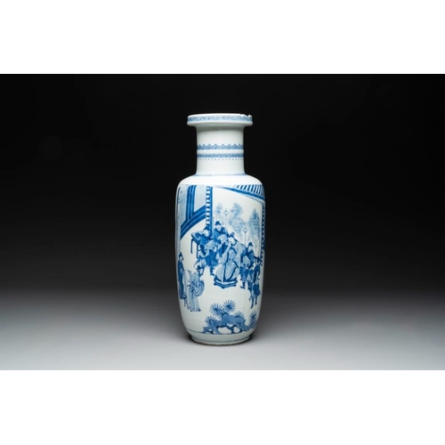 902 - A Chinese blue and white rouleau vase with narrative design, KangxiH.: 46,2 cm