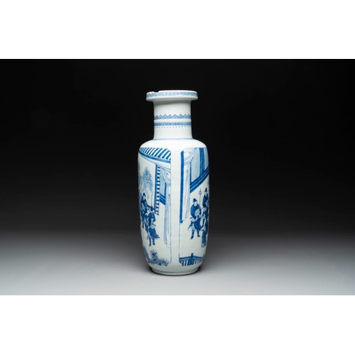 902 - A Chinese blue and white rouleau vase with narrative design, KangxiH.: 46,2 cm