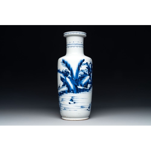 903 - A Chinese blue and white rouleau vase with fishermen in a landscape, KangxiH.: 50,5 cm (incl. stand)... 