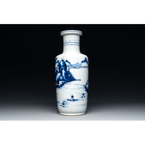 903 - A Chinese blue and white rouleau vase with fishermen in a landscape, KangxiH.: 50,5 cm (incl. stand)... 