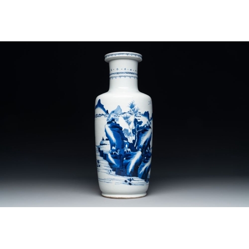 903 - A Chinese blue and white rouleau vase with fishermen in a landscape, KangxiH.: 50,5 cm (incl. stand)... 