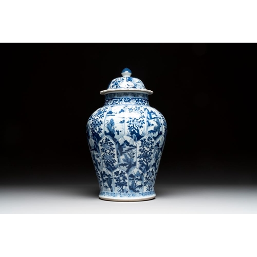 905 - A Chinese blue and white vase and cover with landscapes and flowers, KangxiH.: 41,5 cm (incl. cover)... 