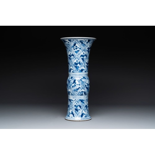 906 - A Chinese blue and white 'landscape' 'gu' vase, KangxiH.: 45 cm