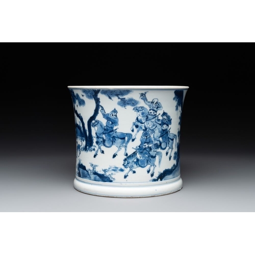 912 - A rare Chinese blue and white 'Mongolian hunt' brush pot, Wen Zhang Shan Dou mark, KangxiDia.: 19 cm... 