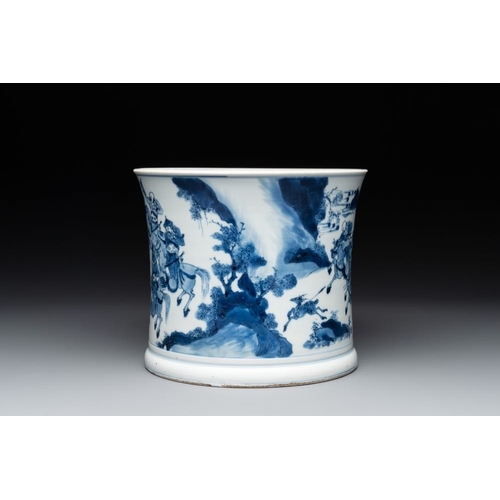 912 - A rare Chinese blue and white 'Mongolian hunt' brush pot, Wen Zhang Shan Dou mark, KangxiDia.: 19 cm... 