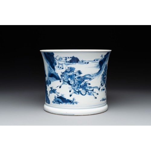 912 - A rare Chinese blue and white 'Mongolian hunt' brush pot, Wen Zhang Shan Dou mark, KangxiDia.: 19 cm... 