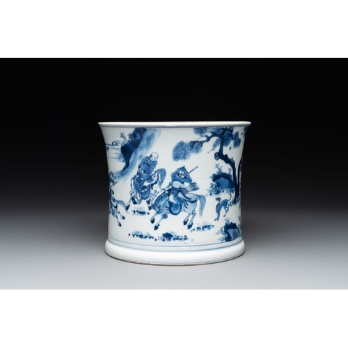 912 - A rare Chinese blue and white 'Mongolian hunt' brush pot, Wen Zhang Shan Dou mark, KangxiDia.: 19 cm... 