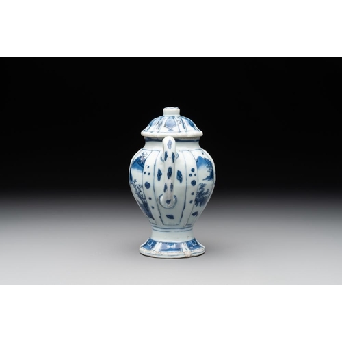 924 - A Chinese blue and white 'landscape' mustard jar and cover, Transitional periodH.: 14,5 cm (incl.cov... 