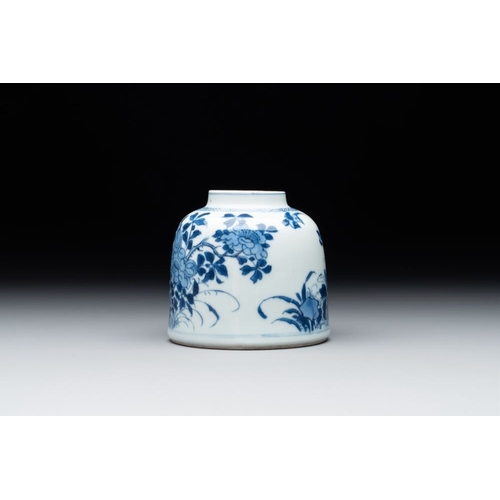 926 - A Chinese blue and white bell-shaped  water pot with birds among flowering branches, KangxiDia.: 9 -... 