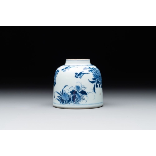 926 - A Chinese blue and white bell-shaped  water pot with birds among flowering branches, KangxiDia.: 9 -... 