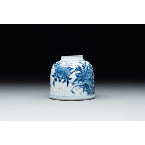 926 - A Chinese blue and white bell-shaped  water pot with birds among flowering branches, KangxiDia.: 9 -... 