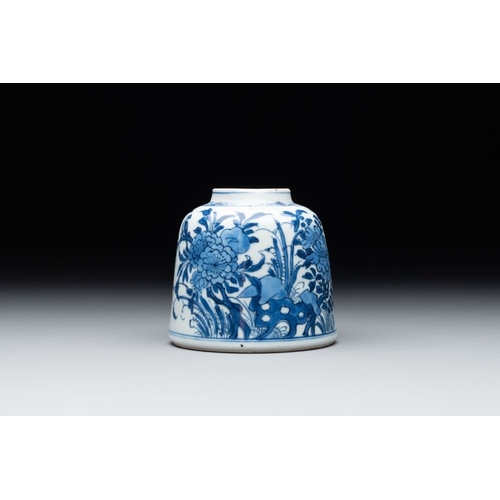 927 - A Chinese blue and white bell-shaped  water pot with birds among flowering branches, KangxiDia.: 9 -... 