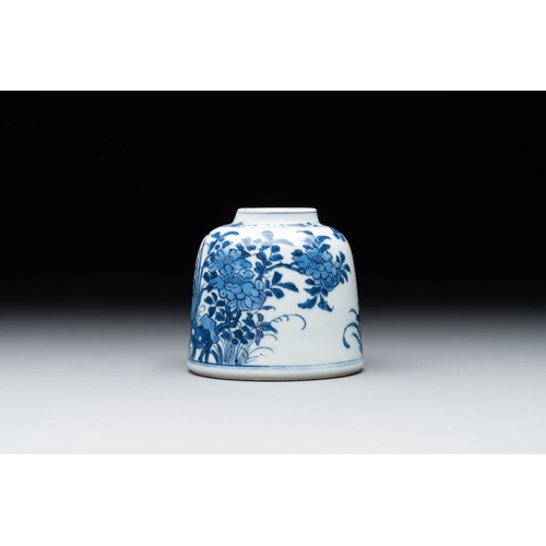 927 - A Chinese blue and white bell-shaped  water pot with birds among flowering branches, KangxiDia.: 9 -... 