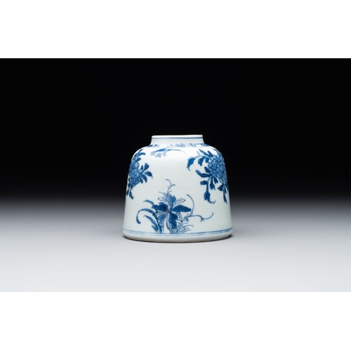 927 - A Chinese blue and white bell-shaped  water pot with birds among flowering branches, KangxiDia.: 9 -... 